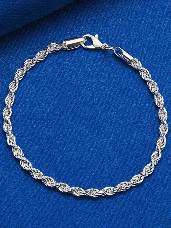 Komplet Stal Szlachetna Łańcuszek i Bransoletka Posrebrzany Splot Kordel Rope Vintage - obrazek 6