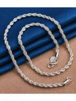 Komplet Stal Szlachetna Łańcuszek i Bransoletka Posrebrzany Splot Kordel Rope Vintage - obrazek 3