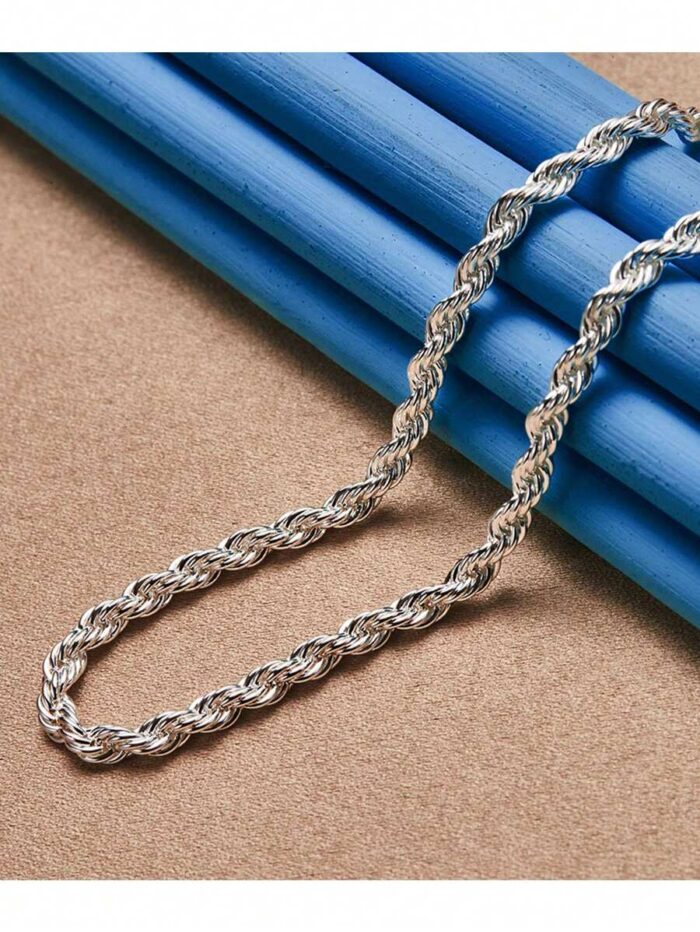 Komplet Stal Szlachetna Łańcuszek i Bransoletka Posrebrzany Splot Kordel Rope Vintage - obrazek 4