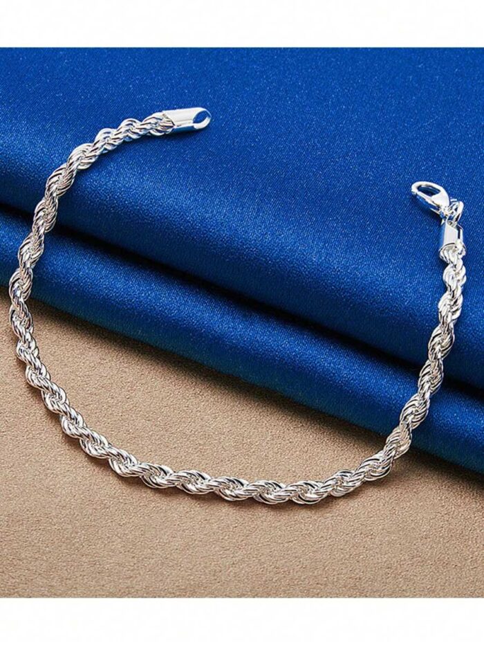 Komplet Stal Szlachetna Łańcuszek i Bransoletka Posrebrzany Splot Kordel Rope Vintage - obrazek 7